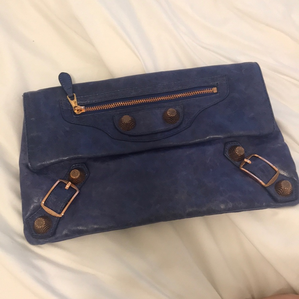Balenciaga blue and rose gold city studded clutch